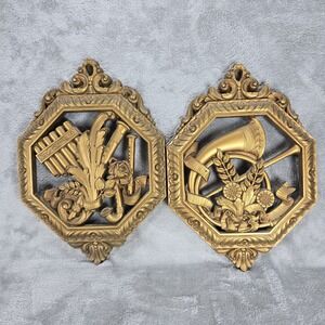 Vintage Homco Wall Decor Plaques Gold Tone Musical Instruments Set of 2